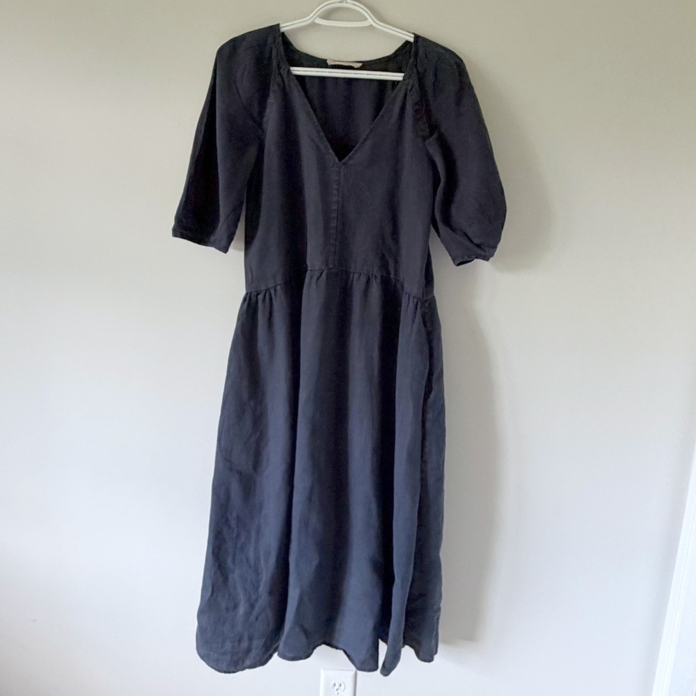 Everlane The Linen Oversized Midi Dress Navy Blue V-Neck Puff Sleeve Pockets XXS